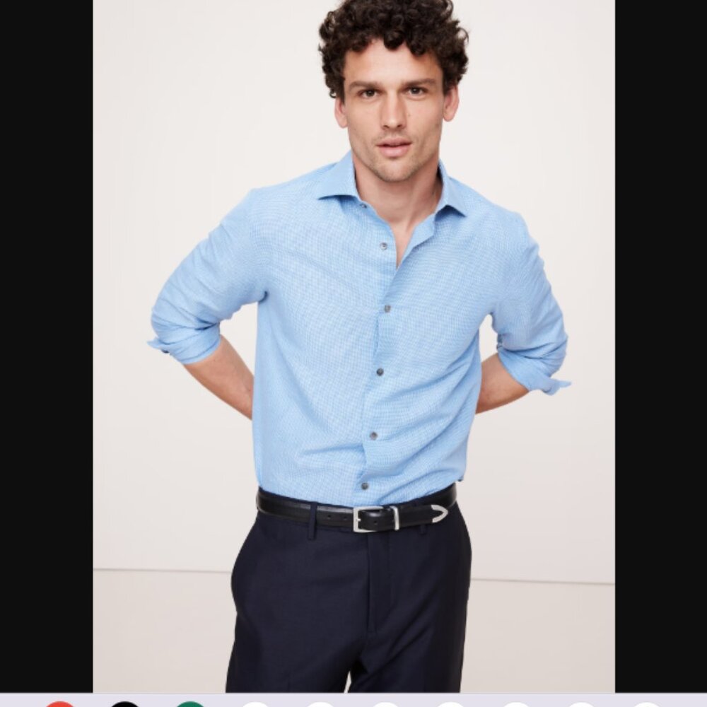 Banana Republic Slim-Fit Linen-Cotton Dress Shirt Navy Blue Plaid Sz Med